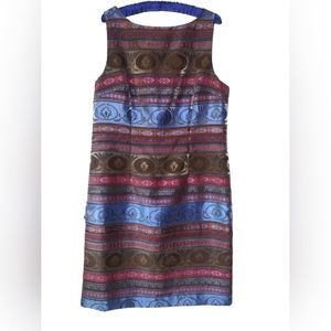 Chetta B Damask Shimmery Sheath Dress Size 14 Back Slit Lined Multicolor Career